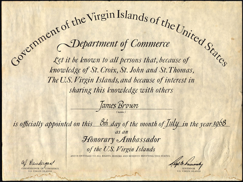 Lot Detail James Brown Ambassador to the Virgin Islands Certificate