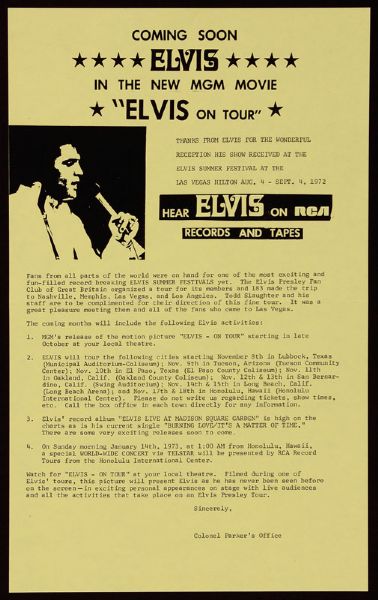 Colonel Parker Original "Elvis On Tour" Promotional Letter