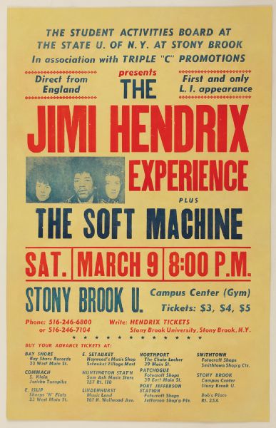 Jimi Hendrix Only Known Original Concert Poster From New York State University at Stony Brook