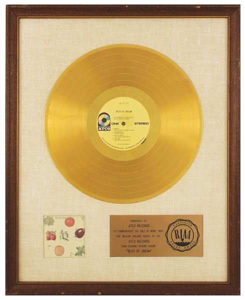 "Best of Cream" Original RIAA White Matte Gold Album Award