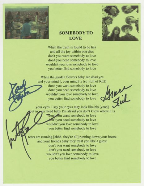 Jefferson Airplane Signed "Somebody To Love" Lyrics