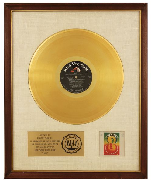 "Hair" Original RIAA White Matte Gold Album Award Presented to George Parkhill