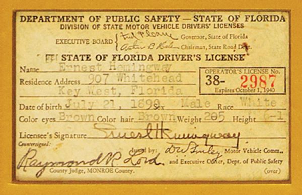 Ernest Hemingway’s Signed Original Driver’s License