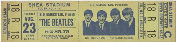 Beatles Original 1966 Shea Stadium Ticket
