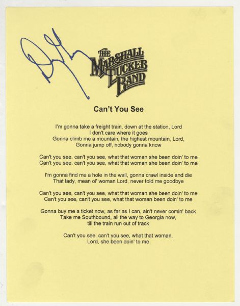Marshall Tucker Band Doug Gray Signed "Cant You See" Lyrics