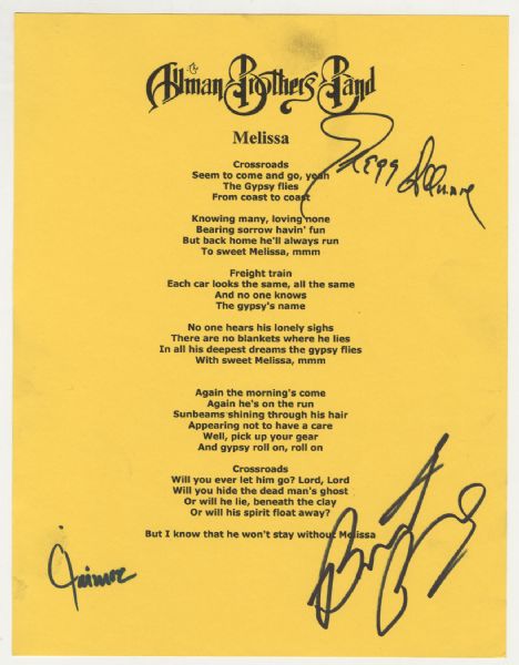 Allman Brothers Band Signed "Melissa" Lyrics