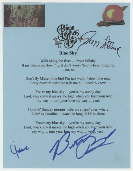 Allman Brothers Band Signed "Blue Sky" Lyrics