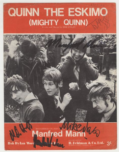 Manfred Mann Signed "Quinn The Eskimo (Mighty Quinn)" Sheet Music
