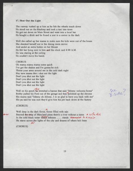 Bruce Springsteen Hand Annotated "Shut Out The Light"  Lyrics
