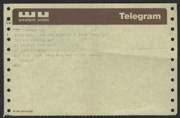 Frank Sinatra Original Western Union Telegram to Mia Farrow
