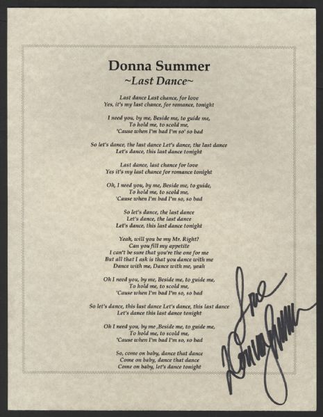 Donna Summer Signed "Last Dance" Lyrics Sheet