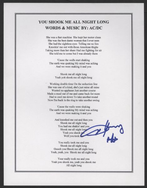 Angus Young Signed AC/DC "You Shook Me All Night Long" Lyric Sheet