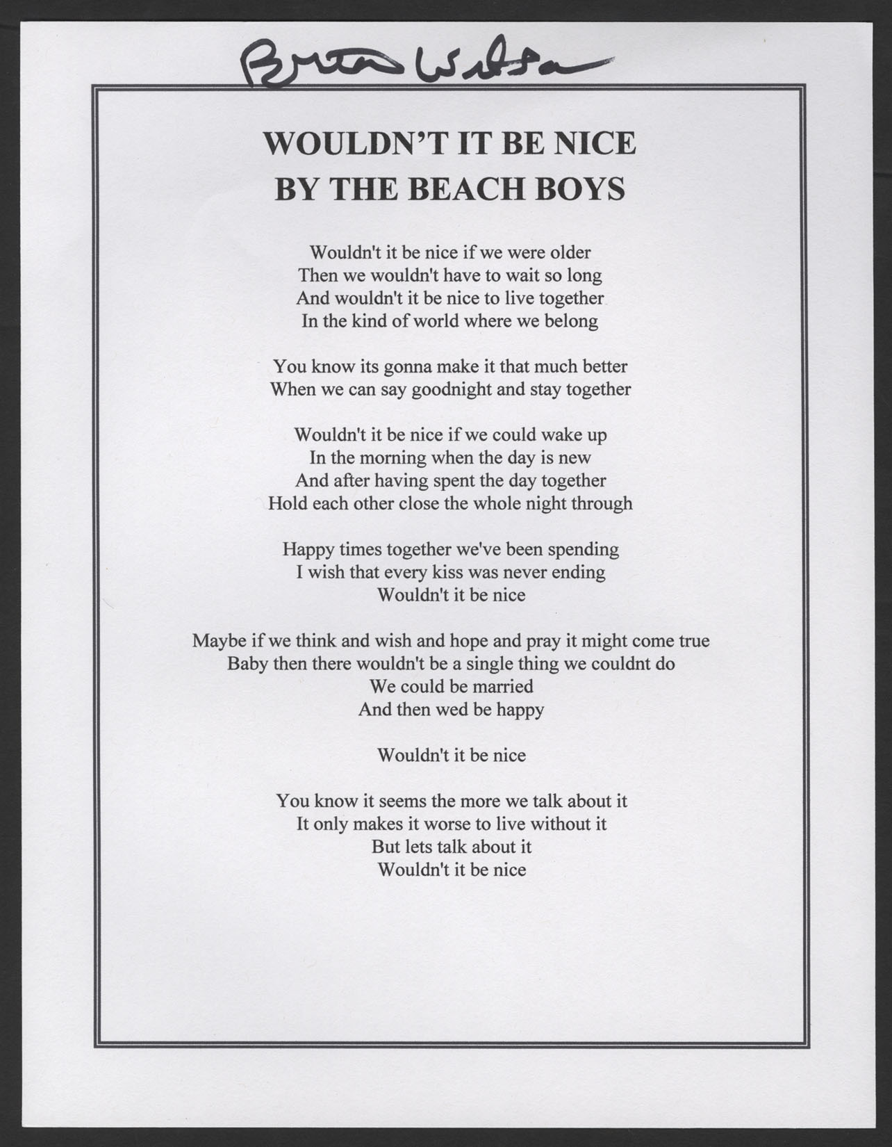 Lot Detail Brian Wilson Signed Beach Boys Wouldn t It Be Nice Lyric 