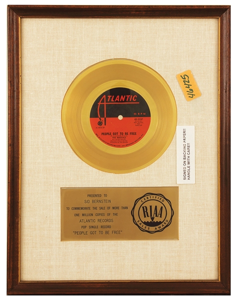 The Rascals "People Got To Be Free" Original RIAA White Matte Gold Single Record Award Presented to Sid Bernstein