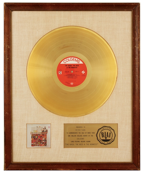"The Birds, The Bees and The Monkees" Original RIAA White Matte Gold Record Album Award Presented to Peter Tork