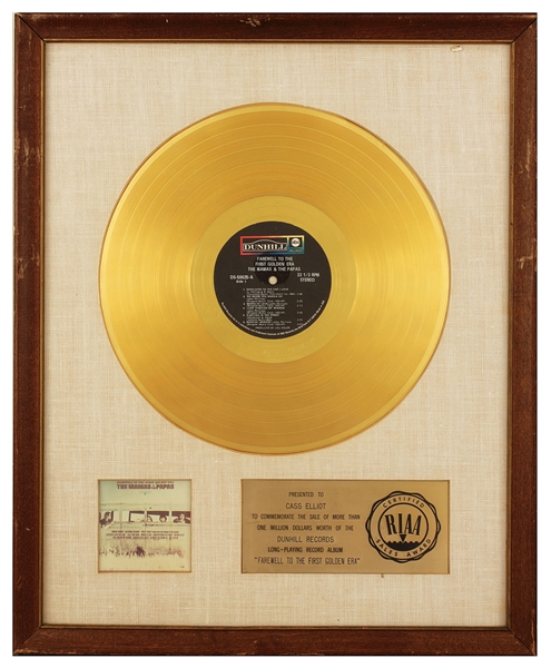 The Mamas &  The Papas "Farewell To The First Golden Era" Original RIAA White Matte Gold Record Album Award Presented to Cass Elliot