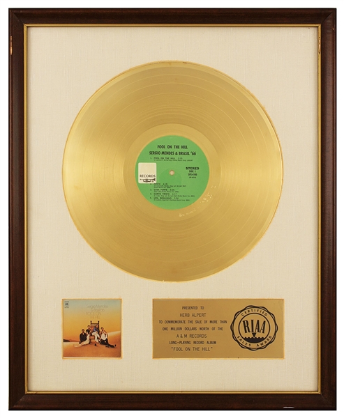 Sergio Mendes & Brazil 66 "Fool On The Hill" Original RIAA White Matte Gold Record Album Award Presented to Herb Alpert