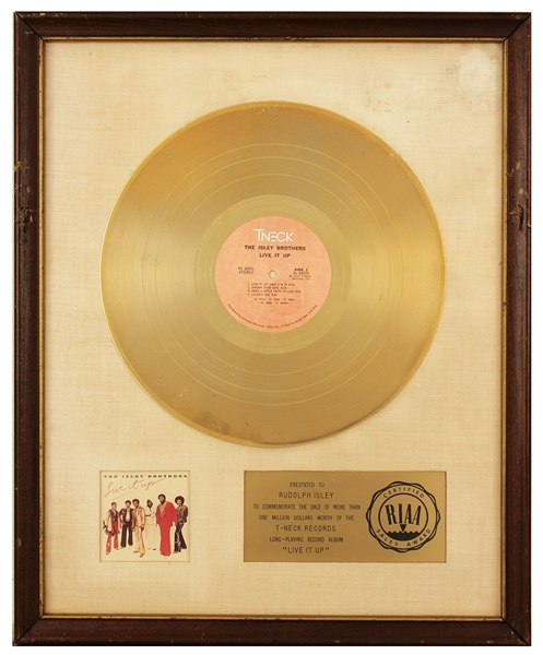 Isley Brothers "Live It Up" Original RIAA White Matte Gold Record Album Award Presented to Rudolph Isley