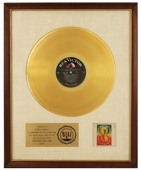 "Hair" Original RIAA White Matte Gold Record Album Award Presented to George Parkhill