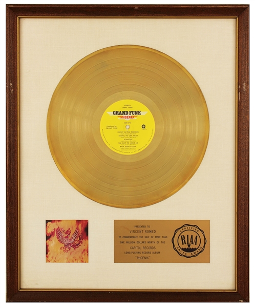 Grand Funk "Phoenix" Original RIAA White Matte Gold Record Album Award Presented to Vincent Romeo