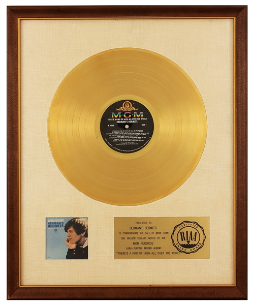 Hermans Hermits "Theres A Kind of Hush All Over The World" Original RIAA White Matte Gold Record Album Award Presented to Hermans Hermits