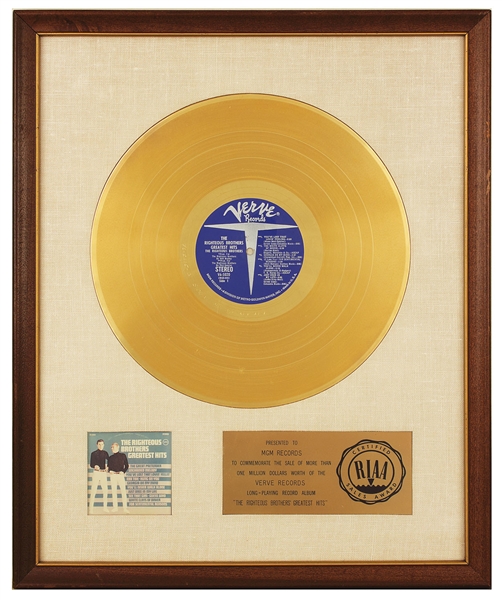 "The Righteous Brothers Greatest Hits" Original RIAA White Matte Gold Record Album Award