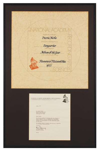 Stevie Nicks Grammy Nomination Plaque and Original Letter For Songwriter on Fleetwood Macs Album of the Year "Rumours"