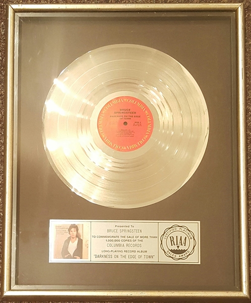 Bruce Springsteen "Darkness on the Edge of Town""Original RIAA Gold Record Album Award Presented to Bruce Springsteen 