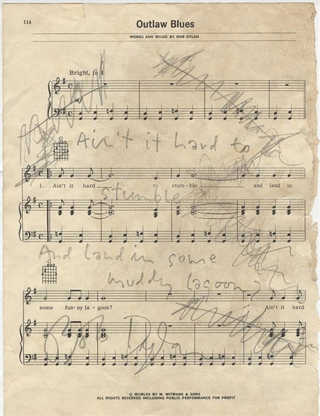 Bob Dylan Handwritten and Signed "Outlaw Blues" Lyrics on Original Sheet Music