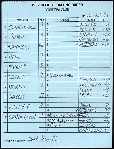 1992 New York Yankees Original Line-Up Card