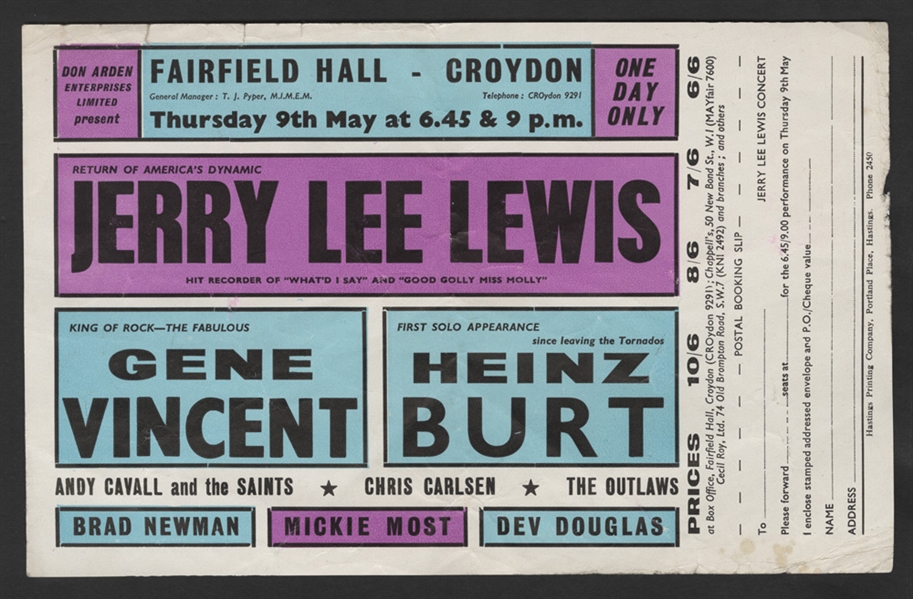 Jerry Lee Lewis Original 1963 Concert Handbill With Ticket Order Form