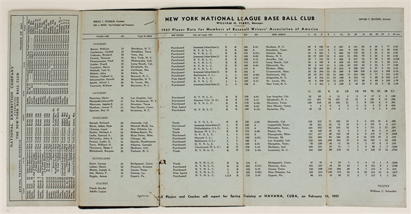 Carl Hubbell Owned NY Giants Original 1937 Spring Training & Roster