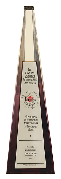 Alanis Morissettes Original Canadian Juno Award for Record of the Year "Jagged Little Pill" Presented to Her