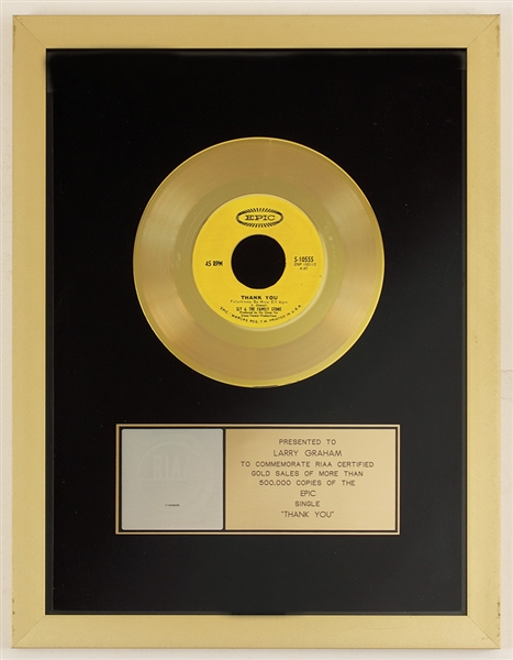 Sly & The Family Stone "Thank You" Original RIAA Gold Single Record Award Presented to Larry Graham