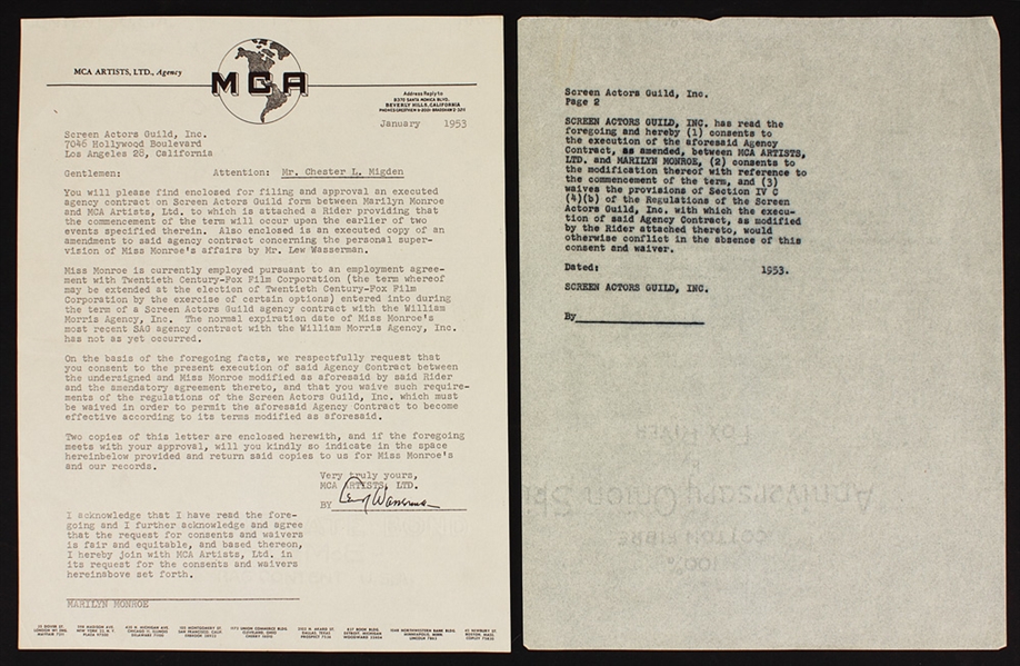 Marilyn Monroe Original 1953 MCA/SAG Employment Contract Letter