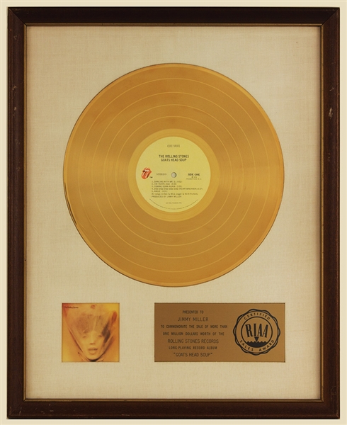 Rolling Stones "Goats Head Soup" Original RIAA White Matte Gold LP Record Album Presented to Producer Jimmy Miller