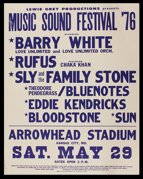 Sly & The Family Stone Original  Arrowhead Stadium Concert Poster From Sly Stones Personal Collection