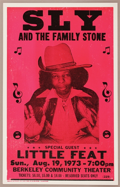 Sly & The Family Stone and Little Feat Original 1973 Berkeley Community Theater Concert Poster From Sly Stones Personal Collection