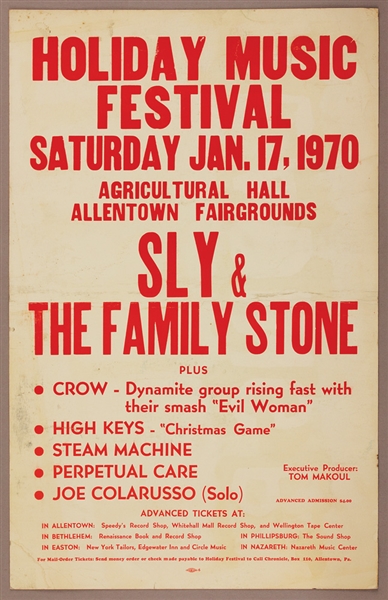 Sly & The Family Stone 1970 Holiday Musical Festival Original Concert Poster From Sly Stones Personal Collection