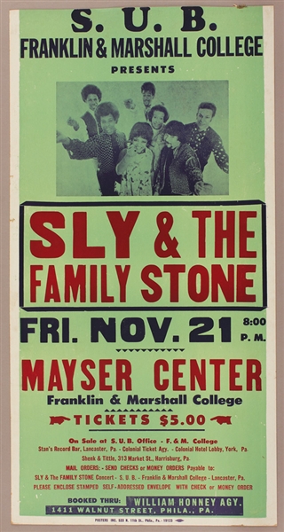 Sly & The Family Stone Original 1969 Franklin & Marshall College Concert Poster From Sly Stones Personal Collection