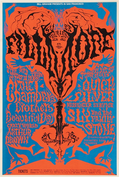 Sly & The Family Stone/Chambers Brothers/Quick Silver Messenger Service Original Bill Graham San Francisco Summer Series Concert Poster From Sly Stones Personal Collection