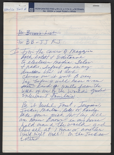 Joe Jackson Handwritten Notes on Jackson Family Promotion