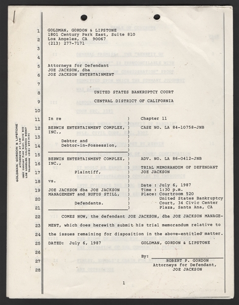 Joe Jackson Original United States Bankruptcy Court Trial Memorandum