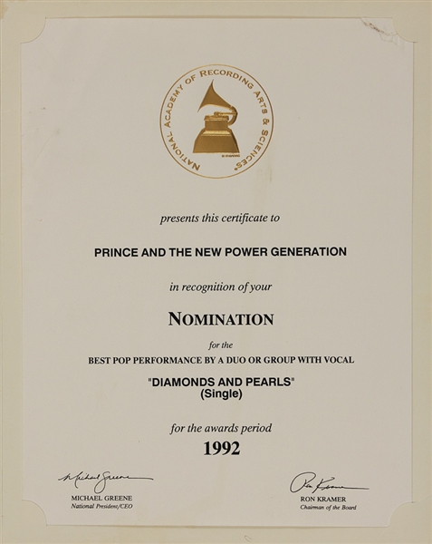 Prince "Diamonds and Pearls" Original Grammy Award Nomination Certificate