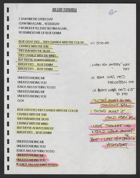 Stevie Nicks Hand Annotated "Blue Denim" Lyrics