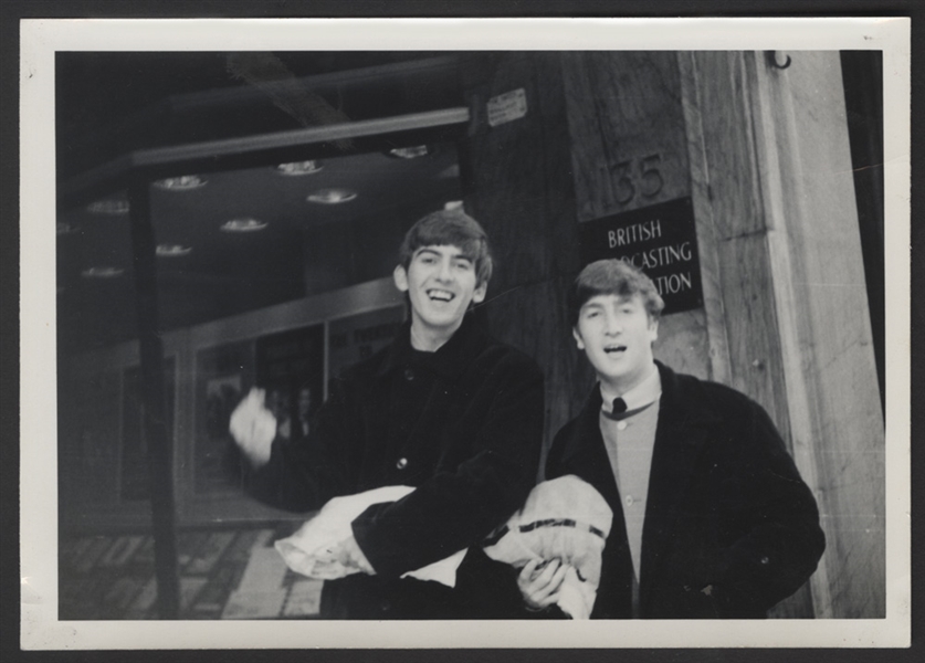 Early Beatles Original Snapshot Photograph Featuring George and John at the BBC