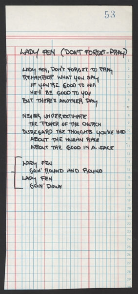Gene Simmons Handwritten "Lady Fen (Dont Forget-Pray) Lyrics
