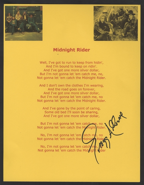 Gregg Allman Signed Allman Brothers Band "Midnight Rider" Lyrics