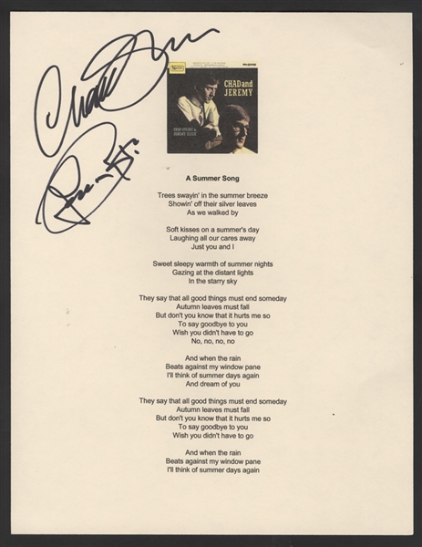 Chad and Jeremy Signed "A Summer Song" Lyrics