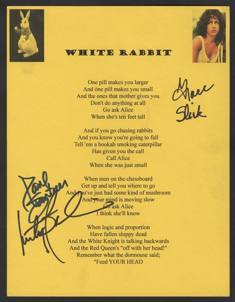 Jefferson Airplane Signed "White Rabbit" Lyrics